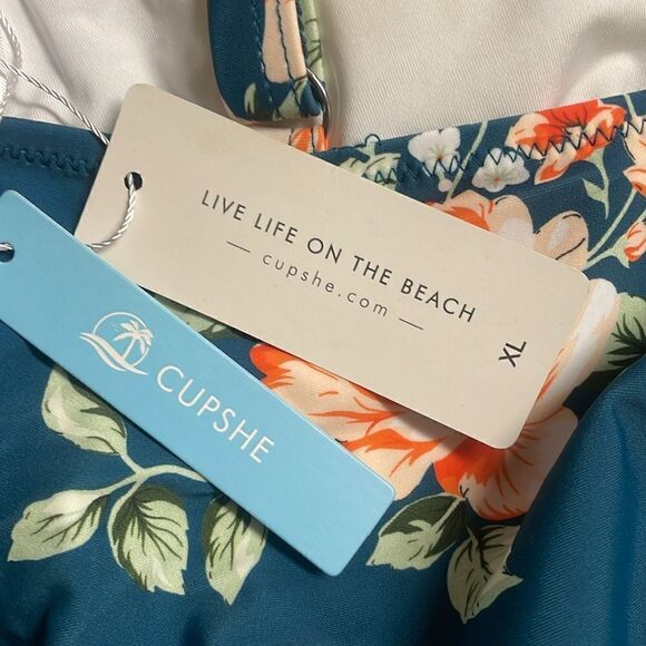 Cupshe Teal Floral Scalloped Crisscross One Piece Swimsuit | size XL | NWT - Picture 8 of 11